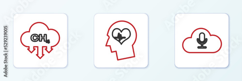 Set line Music streaming service, Methane emissions reduction and Head with heartbeat icon. Vector