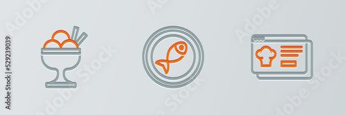 Set line Online ordering and delivery, Ice cream bowl and Served fish on plate icon. Vector
