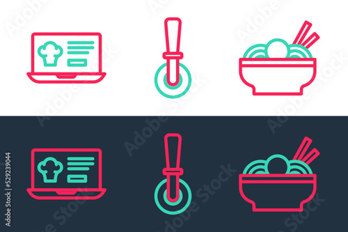 Set line Asian noodles in bowl, Online ordering and delivery and Pizza knife icon. Vector