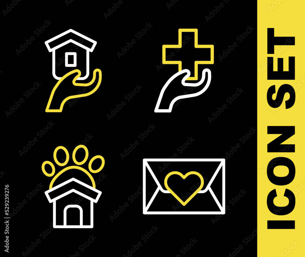 Obraz premium Set line Heart with cross, Envelope heart, Animal shelter house and Shelter for homeless icon. Vector