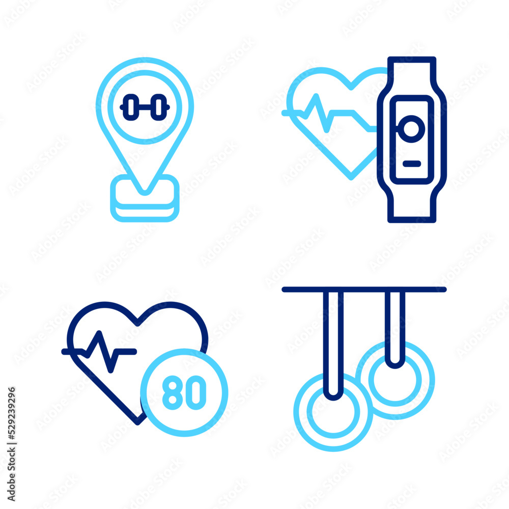 Set line Gymnastic rings, Heart rate, Smart watch with heart and Location gym icon. Vector Set line Gymnastic rings, Heart rate, Smart watch with heart and Location gym icon. Vector