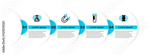 Set line Gene editing, Test tube or flask, Magnet with lightning and Bioengineering icon. Vector