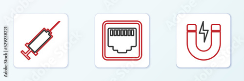 Set line Magnet with lightning, Syringe and Network port cable socket icon. Vector