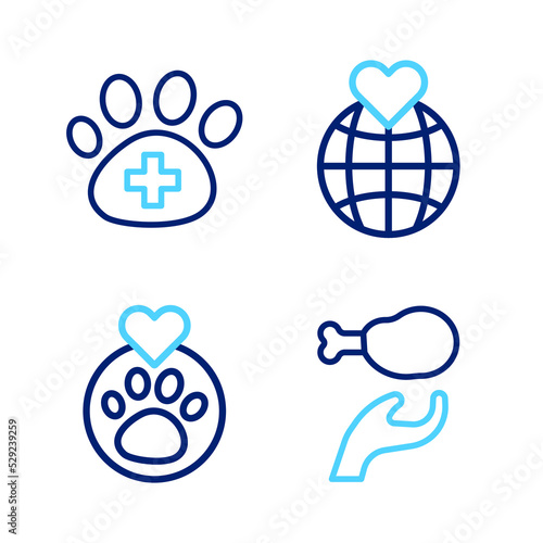 Set line Donation food, Heart with animals footprint, Hand holding Earth globe and Veterinary clinic icon. Vector