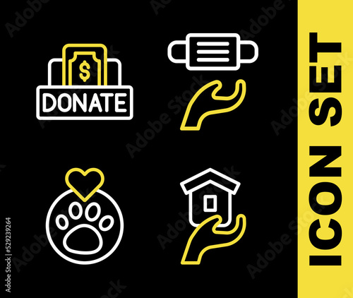 Set line Medical protective mask, Shelter for homeless, Heart with animals footprint and Donation and charity icon. Vector