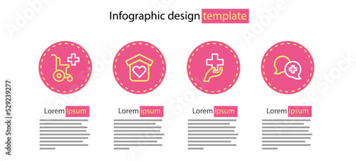 Set line Heart with cross, Dialogue doctor, Shelter for homeless and Wheelchair disabled person icon. Vector