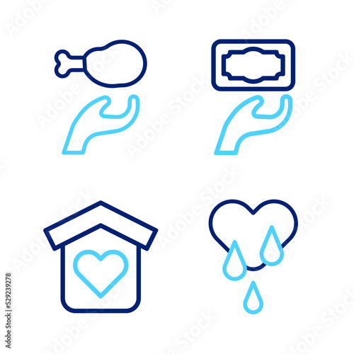 Set line Blood donation, Shelter for homeless, Donation and charity and food icon. Vector