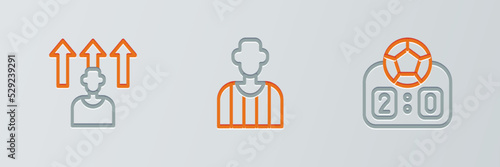 Set line Sport mechanical scoreboard, Football soccer player and referee icon. Vector
