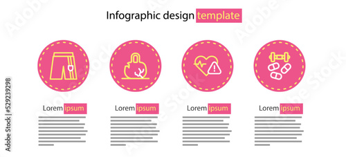 Set line Heart rate, Sports doping with dumbbell, Broken weight and Short pants icon. Vector
