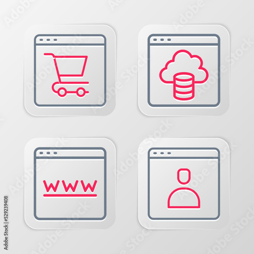 Set line Create account screen, Browser window, Cloud technology data transfer and Online shopping on icon. Vector
