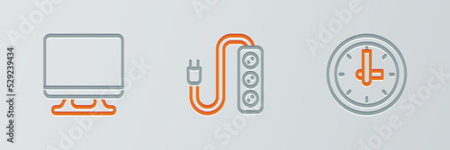 Set line Clock, Smart Tv and Electric extension icon. Vector