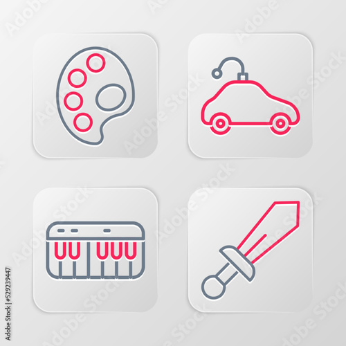 Set line Sword toy, Music synthesizer, Radio controlled car and Palette icon. Vector