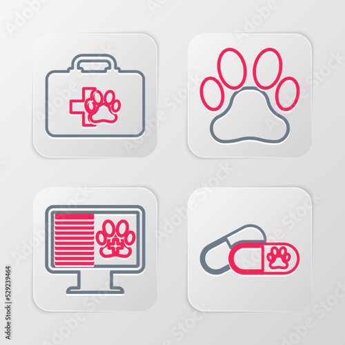 Set line Dog and pills, Clinical record pet on monitor, Paw print and Pet first aid kit icon. Vector