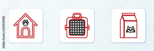 Set line Bag of food for cat, Dog house and paw print pet and Pet carry case icon. Vector