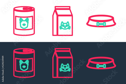 Set line Pet food bowl, Canned for dog and Bag of cat icon. Vector