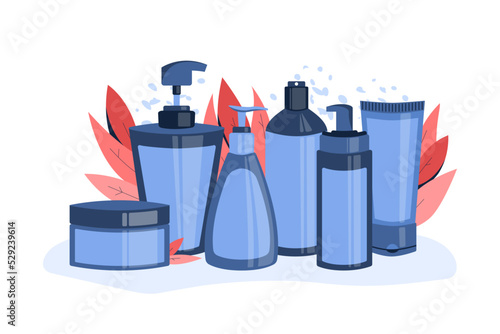 Group of care cosmetics on plant background. Bottles of mask, shampoo, balm, cream, foam. Concept of tools beauty and skin care, eco cosmetics, cleanser. Vector flat illustration