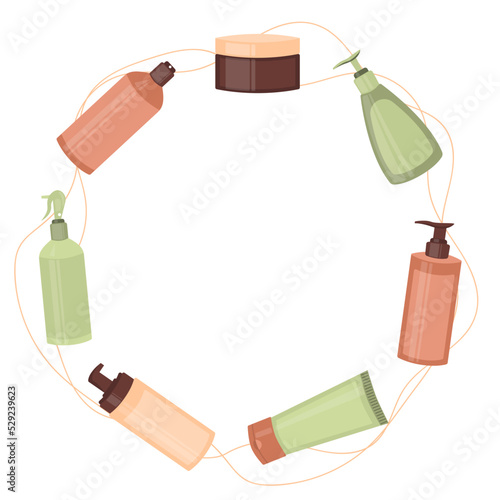 Cosmetics frame. Concept of care cosmetics, tools beauty and skin care, eco cosmetics, cleanser. Copy space in the center of the frame. Vector flat  illustration.