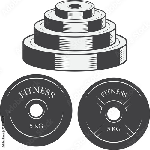 Weight plates with a barbell for sports training. Vector illustration.