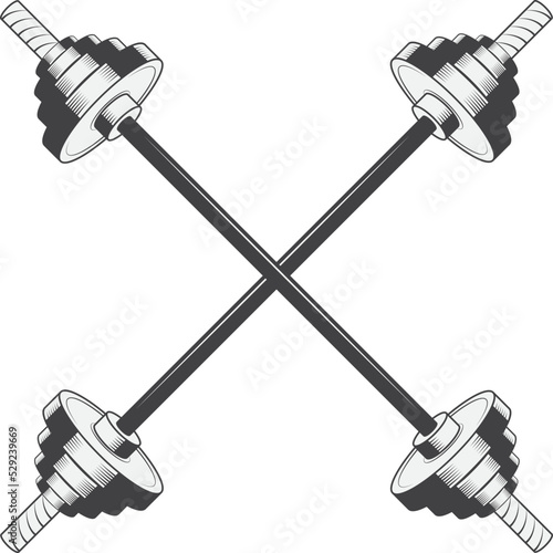 Two barbells are folded in a cross. Sports and fitness training. Vector illustration.