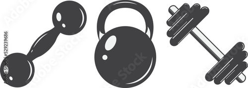Set of black kettlebell and downloadable dumbbells vector illustration. Sports tools for weightlifting.