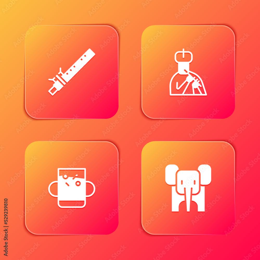 Set Bamboo flute indian, Indian man plays, Cup of tea and leaf and Elephant icon. Vector
