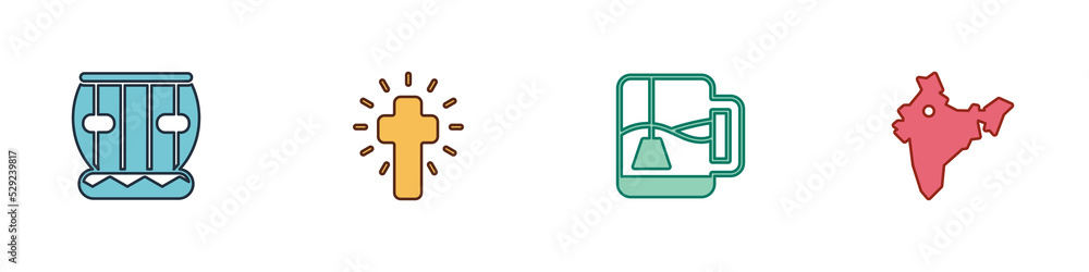 Set Instrument tabla, Christian cross, Cup of tea with tea bag and India map icon. Vector Set Instrument tabla, Christian cross, Cup of tea with tea bag and India map icon. Vector