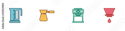 Set Electric kettle, Coffee turk, machine and V60 coffee maker icon. Vector