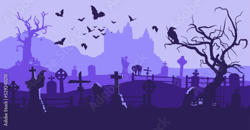 Halloween vector illustration. Scary cemetery, graves, tomb stones, night sky, Dracula's castle, black crow, flock of bats, creepy pumpkins, Halloween scene, template for greeting card.