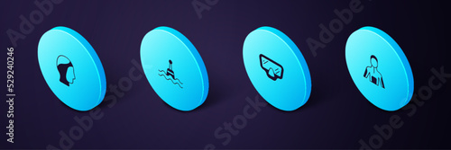 Set Isometric Wetsuit for scuba diving, Diving mask, Floating buoy and hood icon. Vector