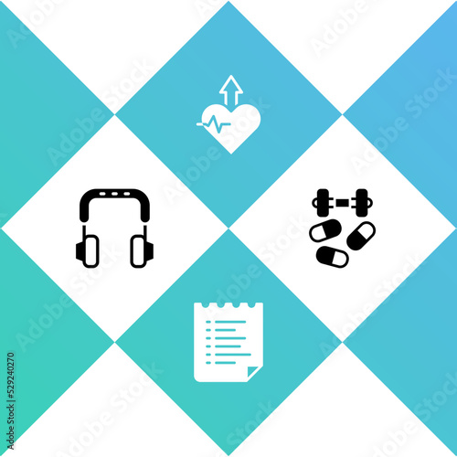 Set Headphones, Sport training program, Heartbeat increase and Sports doping with dumbbell icon. Vector