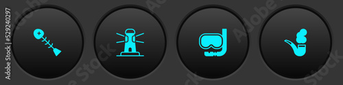 Set Dead fish, Lighthouse, Diving mask and snorkel and Smoking pipe icon. Vector