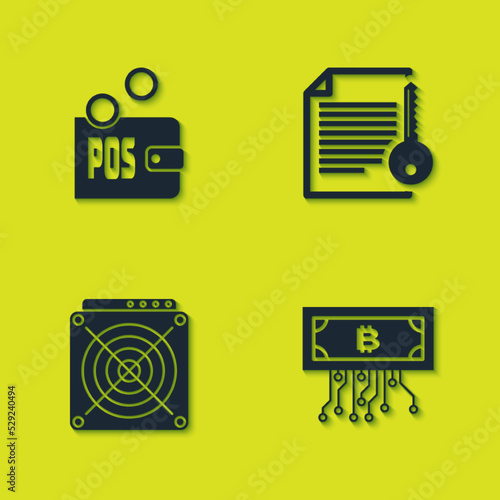 Set Proof of stake, Cryptocurrency bitcoin with circuit, ASIC Miner and Smart contract icon. Vector