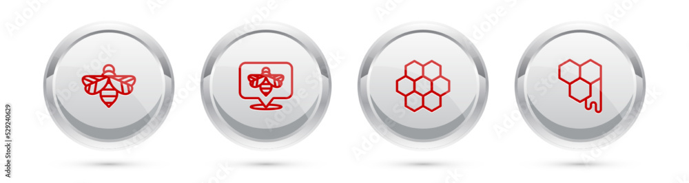 Set line Bee, , Honeycomb and . Silver circle button. Vector Set line Bee, , Honeycomb and . Silver circle button. Vector