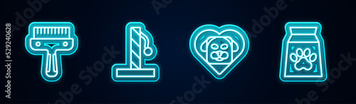 Set line Hair brush for dog and cat, Cat scratching post, Heart with and Bag of food pet. Glowing neon icon. Vector