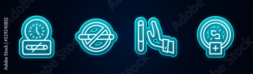 Set line No smoking time, , Giving up cigarette and Stop smoking, money saving. Glowing neon icon. Vector