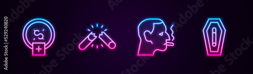 Set line Stop smoking, money saving, Broken cigarette, Man and Death from. Glowing neon icon. Vector