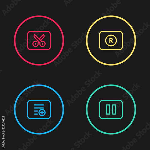 Set line Add to playlist, Pause button, Record and Music video editing icon. Vector