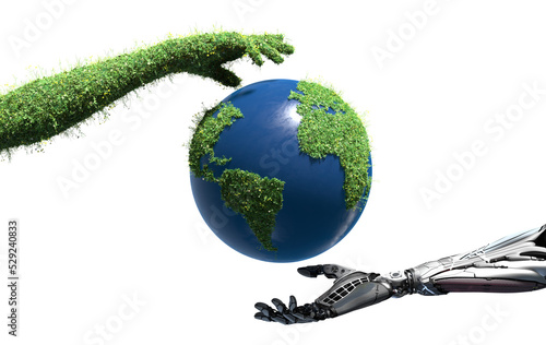 Hi Tech Mechanical Robot and Nature covered with flowers and grass two arms hovering Earth Globe as Save Water Green Technology conceptual design on transparent background