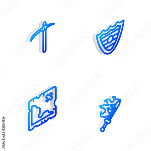 Set Isometric line Shield, Pickaxe, Pirate treasure map and Sword for game icon. Vector