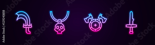 Set line Sword for game, Necklace amulet, Medieval shield with axe and Dagger. Glowing neon icon. Vector