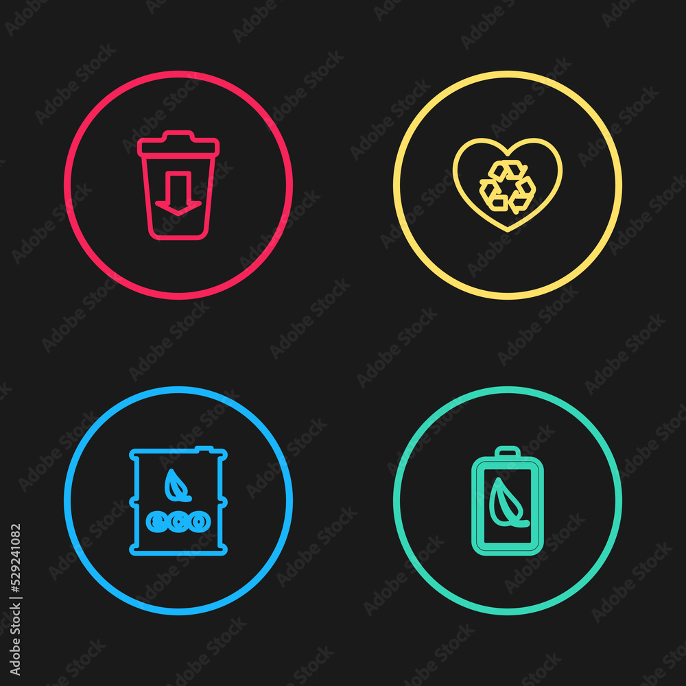 Set line Bio fuel barrel, Eco nature leaf and battery, friendly heart and Send to the trash icon. Vector Set line Bio fuel barrel, Eco nature leaf and battery, friendly heart and Send to the trash icon. Vector