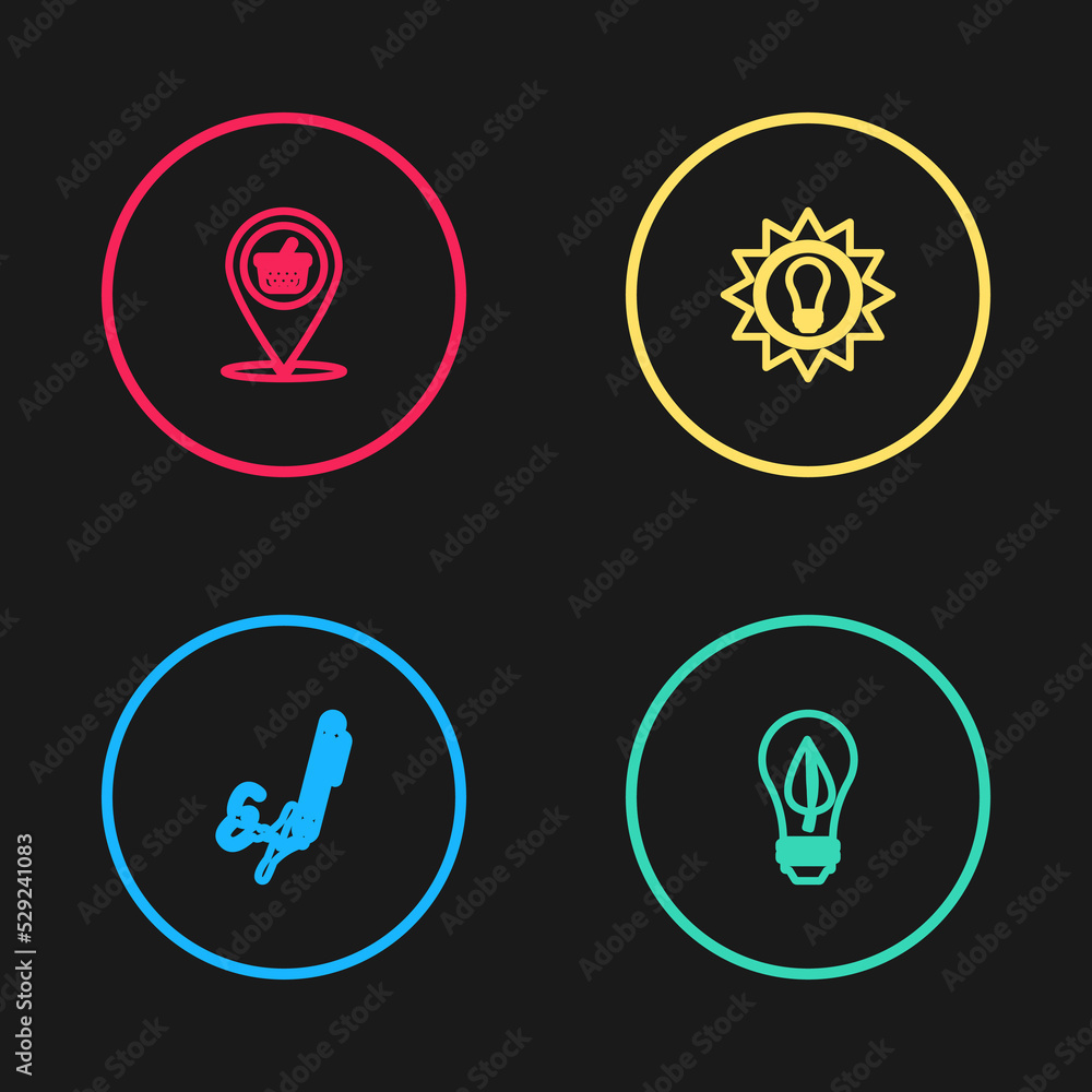 Set line Signature, Light bulb with leaf, Solar energy panel and Location shopping basket icon. Vector Set line Signature, Light bulb with leaf, Solar energy panel and Location shopping basket icon. Vector
