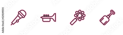 Set line Microphone, Rattle baby toy, Trumpet and Shovel icon. Vector