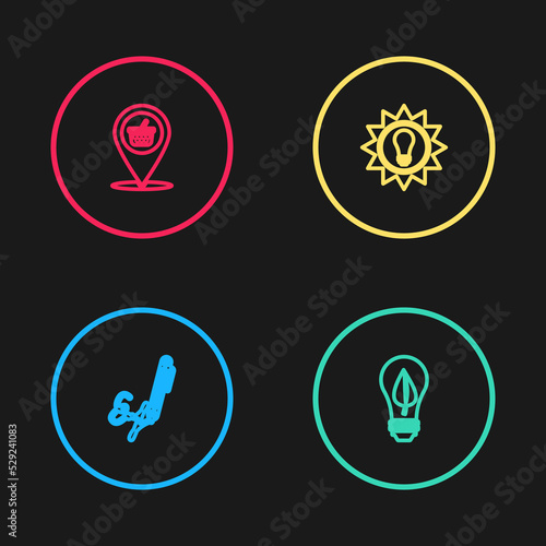 Set line Signature, Light bulb with leaf, Solar energy panel and Location shopping basket icon. Vector
