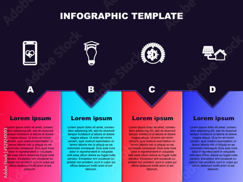 Set line Mobile with heart rate, Light bulb and graduation cap, Thermostat and House solar panel. Business infographic template. Vector