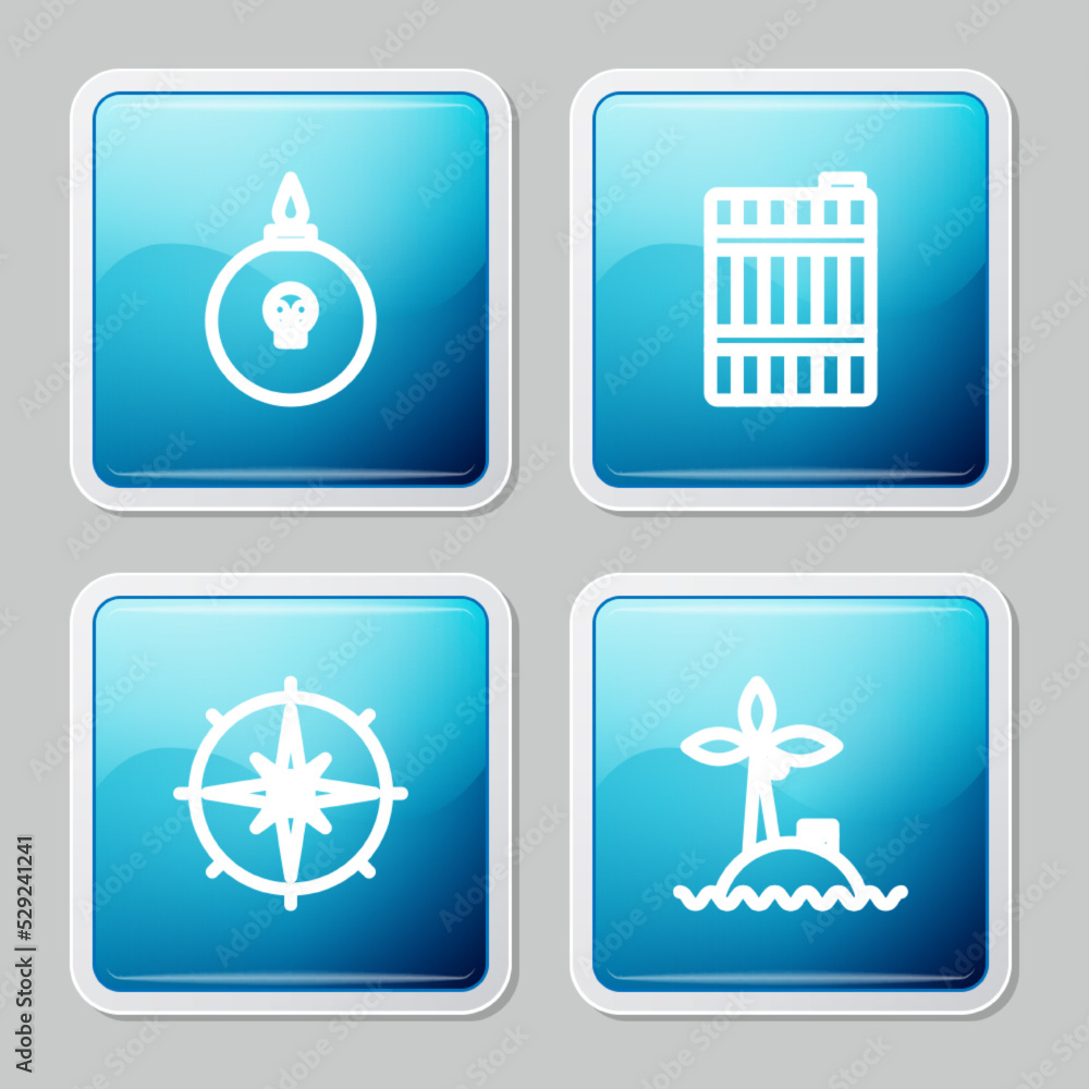Set line Bomb ready to explode, Wooden barrel, Wind rose and Tropical island ocean icon. Vector Set line Bomb ready to explode, Wooden barrel, Wind rose and Tropical island ocean icon. Vector