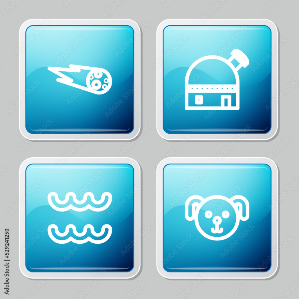Set line Comet falling down fast, Astronomical observatory, Aquarius zodiac and Dog icon. Vector Set line Comet falling down fast, Astronomical observatory, Aquarius zodiac and Dog icon. Vector