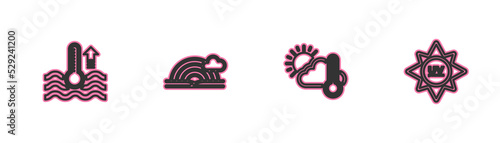Set line Water thermometer, Thermometer and cloud, sun, Rainbow with and UV protection icon. Vector