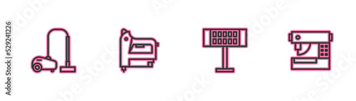 Set line Vacuum cleaner, Electric heater, construction stapler and Sewing machine icon. Vector