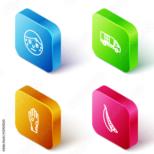 Set Isometric line Man with excessive sweating, Emergency car, Hand psoriasis or eczema and Kidney beans icon. Vector